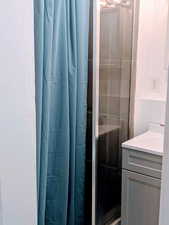 Bathroom featuring vanity and a shower with curtain