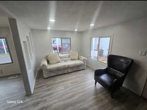 Living room featuring a textured ceiling and light wood-type flooring