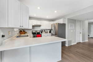 Kitchen with sink, LVP, appliances with stainless steel finishes, white cabinetry, and kitchen peninsula