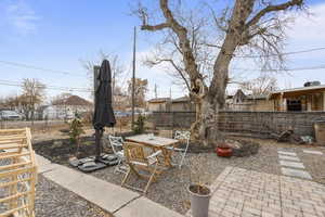 Backyard Remodeled with flowering bushes and plants, gravel and pavers.  Tree is maintained with pruning.