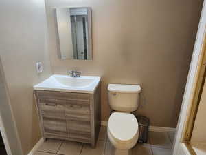 Half bathroom featuring vanity, toilet, tile patterned flooring, and baseboards