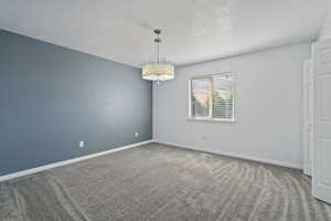 Carpeted empty room with a textured ceiling
