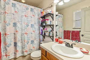 Bathroom featuring a shower with curtain, vanity, a textured ceiling, and toilet