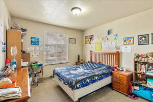 Bedroom featuring light colored carpet and a textured ceiling