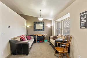 Carpeted living room featuring lofted ceiling and a textured ceiling