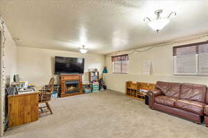 Carpeted living room featuring a textured ceiling