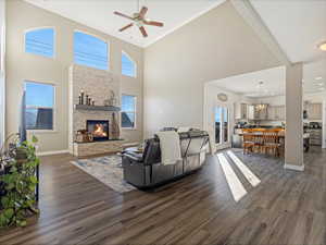 Living room with ornamental molding, a stone fireplace, dark wood-type flooring, and a towering ceiling