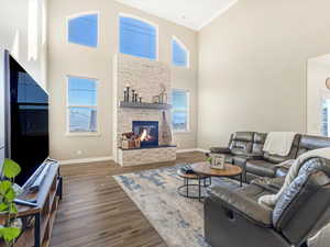 Living room featuring a stone fireplace, dark wood-type flooring, and plenty of natural light