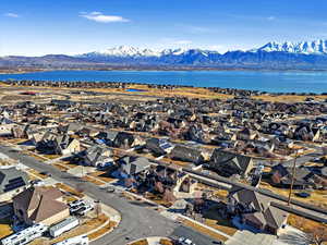 Aerial view with a water and mountain view