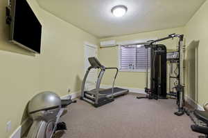 Exercise room featuring a wall mounted AC and carpet