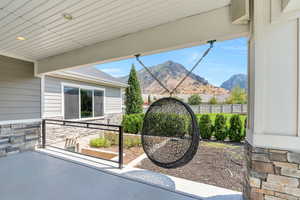 View of patio / terrace featuring a mountain view