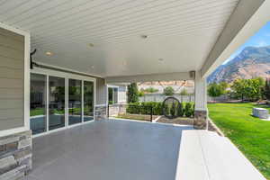 View of patio with a mountain view