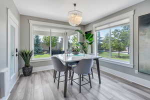 Dining space with a notable chandelier, radiator heating unit, and light wood-type flooring