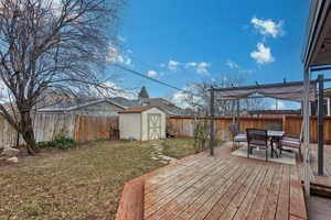 Wooden terrace with a storage unit and a lawn