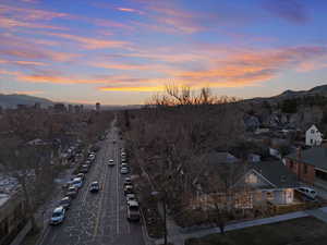 Aerial view at dusk with a mountain view