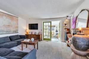 Living room featuring a textured ceiling and a fireplace