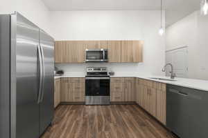 Kitchen featuring pendant lighting, sink, appliances with stainless steel finishes, backsplash, and dark hardwood / wood-style floors