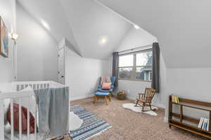 Upstairs Bedroom with lofted ceiling and walk in closet