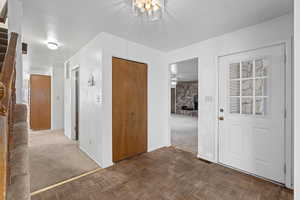 Entrance foyer featuring a fireplace and dark parquet floors