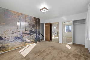 Unfurnished bedroom featuring carpet floors and two closets