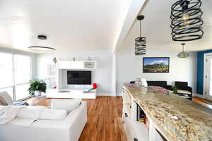 Living room with light hardwood / wood-style floors