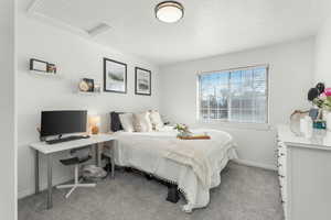 Newly Carpeted bedroom featuring a textured ceiling