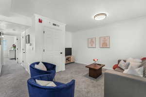 Living room featuring ornamental molding, light carpet, and a textured ceiling