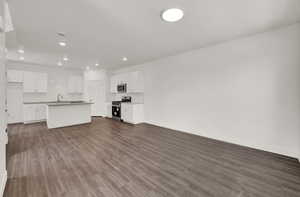 Unfurnished living room featuring dark wood-type flooring and sink