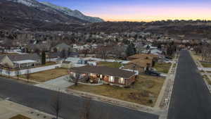 Aerial view at dusk with a mountain view