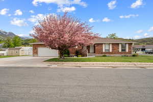 View of property hidden behind natural elements with brick siding, an attached garage, driveway, and a mountain view