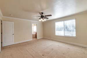 Empty room with light carpet, ornamental molding, and ceiling fan