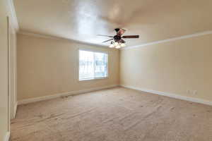 Carpeted spare room with crown molding and ceiling fan