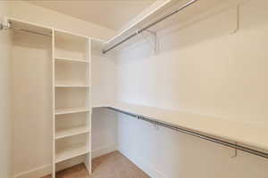 Spacious closet with light carpet