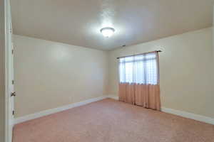 Unfurnished room featuring light carpet and a textured ceiling