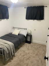 Carpeted bedroom featuring a textured ceiling