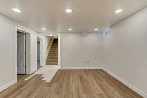 Basement with light hardwood / wood-style flooring