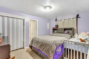 Carpeted bedroom featuring a textured ceiling