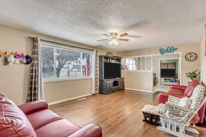 Living room featuring hardwood / wood-style flooring, a textured ceiling, and ceiling fan