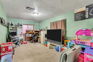 Interior space with carpet floors and a textured ceiling