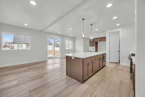 Kitchen with sink, hanging light fixtures, light hardwood / wood-style flooring, dishwasher, and an island with sink