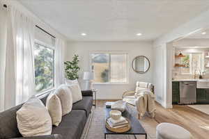 Living room featuring sink, ornate columns, a textured ceiling, and light wood-type flooring