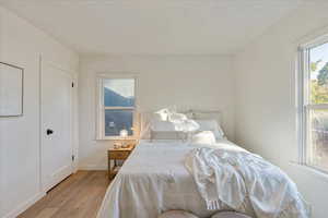 Bedroom with light hardwood / wood-style flooring