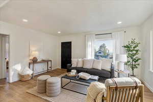 Living room with light wood-type flooring