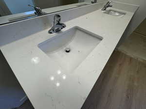 Details featuring double vanity, a sink, and wood finished floors