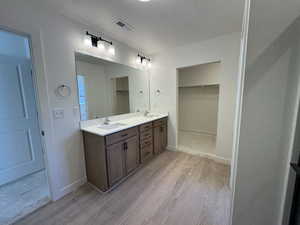 Full bath featuring visible vents, a walk in closet, a sink, and wood finished floors