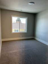 Carpeted spare room with a textured ceiling