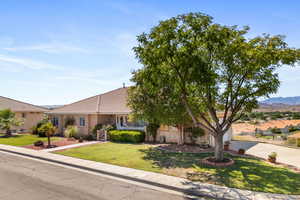 View of front of home with a mountain view and a front lawn