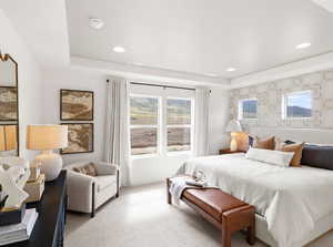 MODEL     Bedroom featuring carpet floors, visible vents, a tray ceiling, and recessed lighting