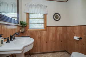 Bathroom featuring toilet, wooden walls, and sink