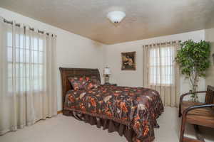 Carpeted bedroom featuring a textured ceiling